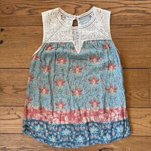 Maeve Crochet Lace Tank Shirt SZ S Teal Ivory Salmon Boho Hippie Cottage Summer